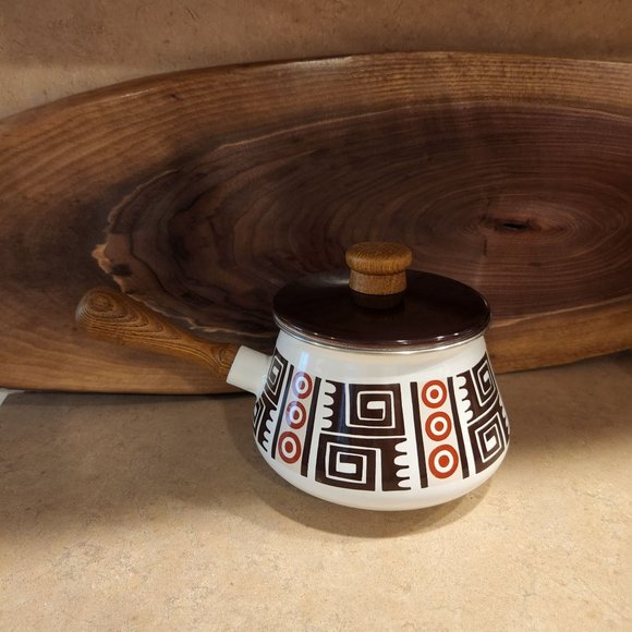 Vintage Other - Vintage MCM Enamel Saucepan Pot Wooden Handle White Brown Geometric Retro